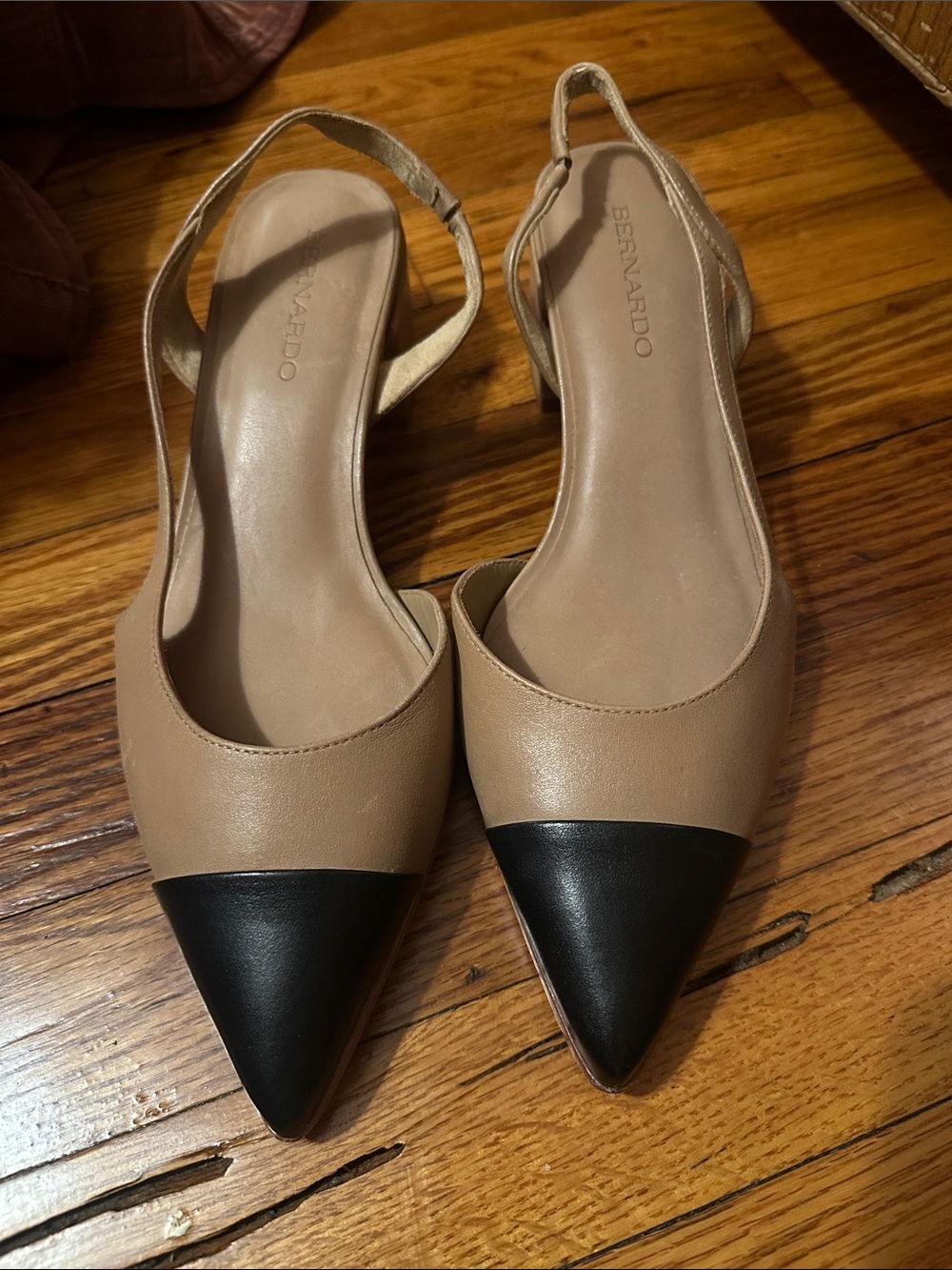Bernardo Beige Slingback Flats with Black Pointed Caps